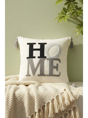 Gri Püsküllü Home Punch Kırlent Kılıfı