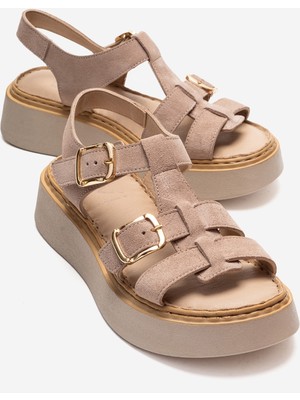 Luvi Loın Bej Süet Hakiki Deri Tokalı Kadın Sandalet
