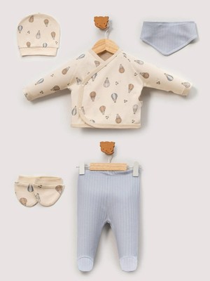 Asyaden Baby Erkek Bebek Pamuklu Balon Baskılı 5li Zıbın Set Yenidoğan Hastane Çıkışı