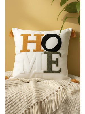 Sarı Püsküllü Home Punch Kırlent Kılıfı