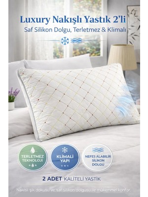 Premium Nakışlı 2’li Yastık – Terletmez Klimalı, Saf Silikon Dolgu