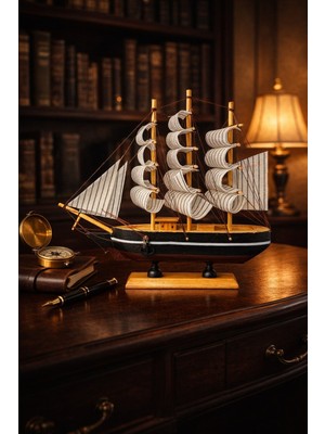 Kesene Dekoratif Premium Ahşap El Yapımı Yelkenli Gemi Maketi Masaüstü Biblo 24 x 24CM SIYAH-LACIVERT 529-D