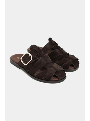 Nişantaşı Shoes Honey Bitter Kahve Hakiki Süet Toka Detaylı Düz Taban Kadın Terlik