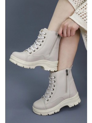 Emax Kadın Bağcıklı Çift Fermuarlı Kalın Taban Postal Bot Bej Dış Materyal ile Şık ve Dayanıklı