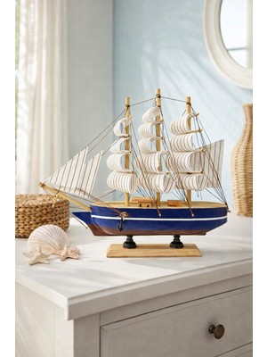 Kesene Dekoratif Premium Ahşap El Yapımı Yelkenli Gemi Maketi Masa Üstü Biblo 24X24 cm LACIVERT-SIYAH 529-F