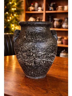 Pitaya Sanat El Yapımı Eskitme Koyu Yeşil Dekoratif Seramik Vazo