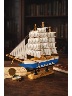 Kesene Dekoratif Premium Ahşap El Yapımı Yelkenli Gemi Maketi Ev Ofis Masa Üstü Biblo 24 x 24 cm Mavi 529-C