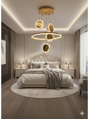 Bohem Aydınlatma Gold Çift Çember 4'lü Sarkıt 3 Renk LED Modern Salon Avizesi