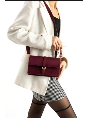 Özüm Çanta Kadın Kemer Detay Süet Uzun Askılı Kol ve Omuz Çantası Bordo