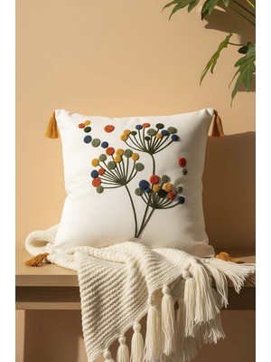 Renkli Ponpon Çiçek Desenli Punch Kırlent Kılıfı