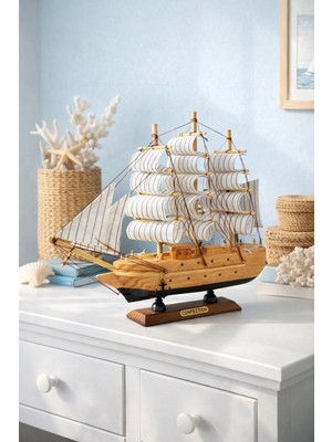 Home Dekor Hediye Dekoratif Premium Ahşap El Yapımı Yelkenli Gemi Maketi Masa Üstü Biblo 24 x 24 cm Ahşap RENK 529 Eb