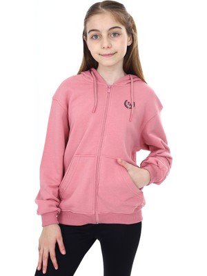 Toontoy Kız Çocuk Kapüşonlu Fermuarlı Cepli Düşük Omuz Nakış Baskılı Örme Hırka - 2 Iplik