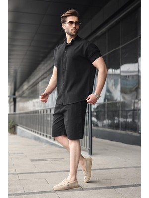 Madmext Siyah Erkek Şort Gömlek Takım E7350