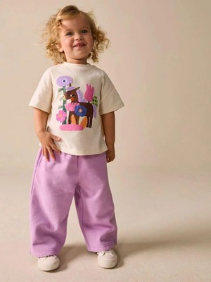 Magu Kız Çocuk Pamuklu Krem Baskılı T-Shirt ve Lila Pantolon Takım