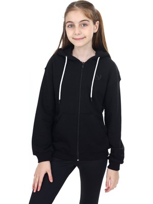 Toontoy Kız Çocuk Kapüşonlu Fermuarlı Cepli Düşük Omuz Nakış Baskılı Örme Hırka - 2 Iplik