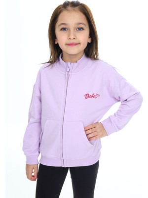 Toontoy Kız Çocuk Lila Dik Yaka Fermuarlı Düşük Omuz Cepli Nakış Baskılı Örme Hırka - 2 Iplik Şardonlu