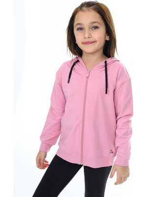 Toontoy Kız Çocuk Kapüşonlu Fermuarlı Cepli Düşük Omuz Nakış Baskılı Örme Hırka - 2 Iplik