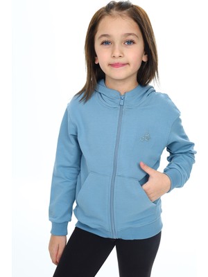 Toontoy Kız Çocuk Kapüşonlu Fermuarlı Cepli Düşük Omuz Nakış Baskılı Örme Hırka - 2 Iplik