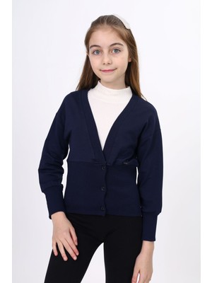 Toontoy Kız Çocuk V Yaka Düğmeli Düşük Omuz Korse Kesim Örme Okul Hırkası - 2 Iplik Kaşkorse