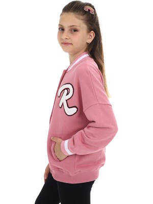 Toontoy Kız Çocuk Kolej Yaka Çıtçıt Kapama Cepli Düşük Omuz Nakış Baskılı Örme Hırka - 2 Iplik Şardonlu