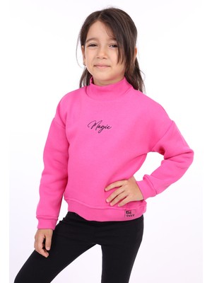 Toontoy Kız Çocuk Relax Fit Dik Yaka Düşük Omuz Nakış Baskılı Sweatshirt - 3 Iplik Şardonlu