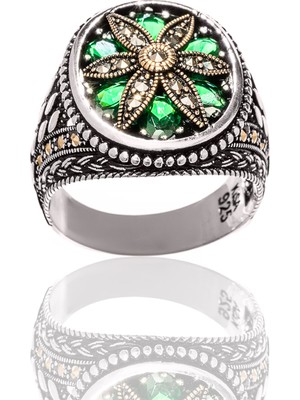 Yıldırım Yeşil Zirkon Taşlı Çiçek Desenli 925 Ayar Gümüş  Erkek Yüzük