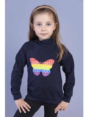 Toontoy Kız Çocuk Relax Fit Yarım Balıkçı Yaka Baskılı Sweatshirt - 2 Iplik