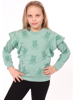 Toontoy Kız Çocuk Regular Fit Bisiklet Yaka Fırfırlı Baskılı Sweatshirt - 2 Iplik