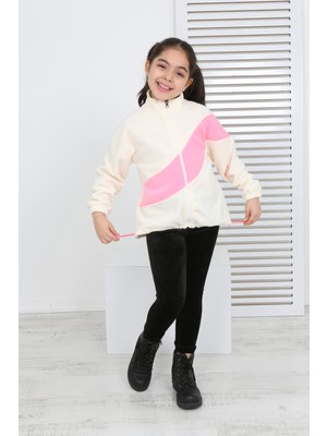 Toontoy Kız Çocuk Dik Yaka Fermuarlı Renk Bloklu Reglan Kol Polar Hırka - Beli Ayarlanabilir Lastikli