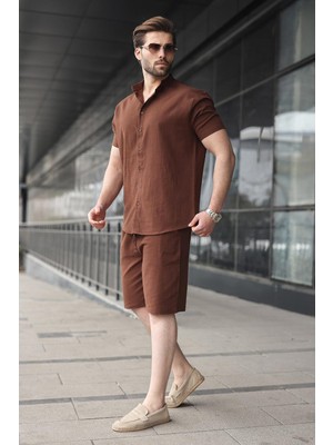 Madmext Acı Kahverengi Erkek Şort Gömlek Takım E7350