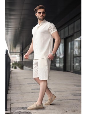 Madmext Ekru Erkek Şort Gömlek Takım E7350