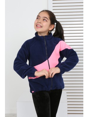 Toontoy Kız Çocuk Dik Yaka Fermuarlı Renk Bloklu Reglan Kol Polar Hırka - Beli Ayarlanabilir Lastikli