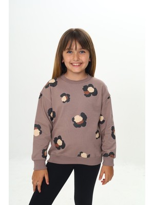 Toontoy Kız Çocuk Relax Fit Bisiklet Yaka Düşük Omuz Baskılı Sweatshirt - 2 Iplik
