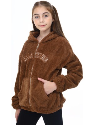 Toontoy Kız Çocuk Bordo Kapüşonlu Fermuarlı Cepli Düşük Omuz Nakış Baskılı Peluş Hırka