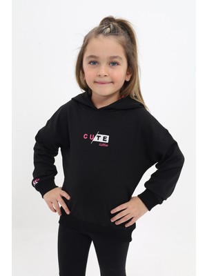 Toontoy Toonto Kız Çocuk Relax Fit Kapüşonlu Düşük Omuz Baskılı Sweatshirt - 2 Iplik