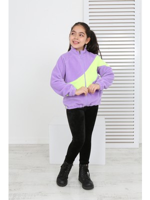 Toontoy Kız Çocuk Dik Yaka Fermuarlı Renk Bloklu Reglan Kol Polar Hırka - Beli Ayarlanabilir Lastikli
