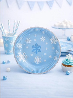 Parti Adresi Kar Tanesi Temalı Tabak Karton Doğum Günü Tabağı Açık Mavi 8'li