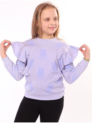 Toontoy Kız Çocuk Regular Fit Bisiklet Yaka Fırfırlı Baskılı Sweatshirt - 2 Iplik