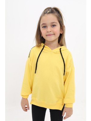 Toontoy Kız Çocuk Oversize Kapüşonlu Büzgülü Düşük Omuz Nakış Baskılı Yırtmaçlı Sweatshirt - 2 Iplik