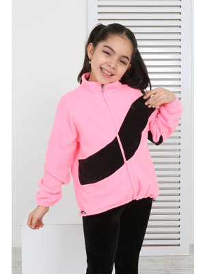 Toontoy Kız Çocuk Dik Yaka Fermuarlı Renk Bloklu Reglan Kol Polar Hırka - Beli Ayarlanabilir Lastikli