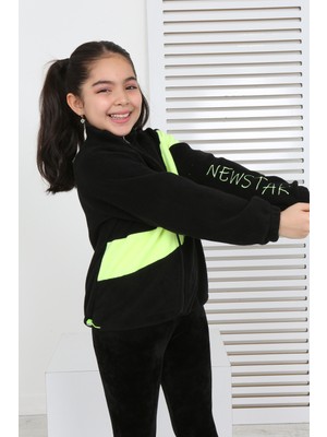 Toontoy Kız Çocuk Dik Yaka Fermuarlı Renk Bloklu Reglan Kol Polar Hırka - Beli Ayarlanabilir Lastikli