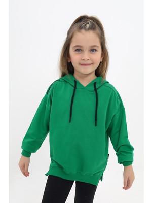 Toontoy Kız Çocuk Oversize Kapüşonlu Büzgülü Düşük Omuz Nakış Baskılı Yırtmaçlı Sweatshirt - 2 Iplik