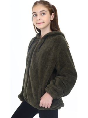 Toontoy Kız Çocuk Kapüşonlu Fermuarlı Cepli Reglan Kol Peluş Hırka