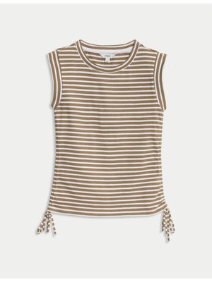 Marks & Spencer Saf Pamuk Çizgili Yanları Büzgülü Üst