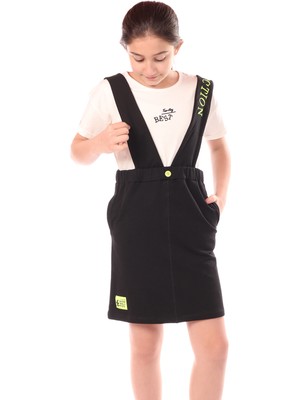 Toontoy Kız Çocuk Bisiklet Yaka Basic T-Shirt ve Askılı Cepli Nakış Baskılı Salopet Elbise - 2'li Takım