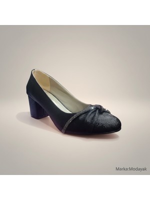 Modayak Zarif Siyah Kare Düşük Topuk Yuvarlak  Burun Beyaz Taşlı Topuklu Ayakkabı