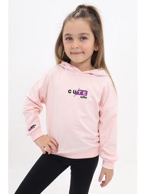 Toontoy Toonto Kız Çocuk Relax Fit Kapüşonlu Düşük Omuz Baskılı Sweatshirt - 2 Iplik