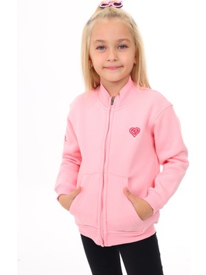 Toontoy Kız Çocuk Dik Yaka Fermuarlı Cepli Nakış Baskılı Örme Hırka - 2 Iplik Şardonlu