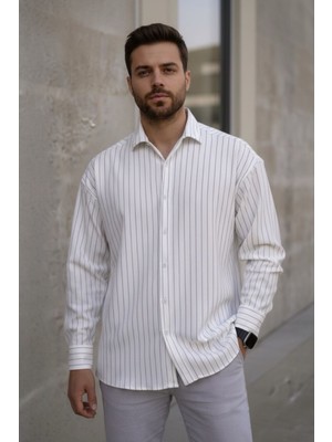 Zueofficial Erkek Çizgili Krep Kumaş Rahat Kalıp Uzun Kollu Gömlek
