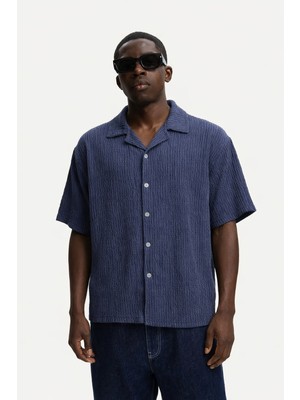 Damga Erkek Yazlık Oversize Lacivert Keten Gömlek